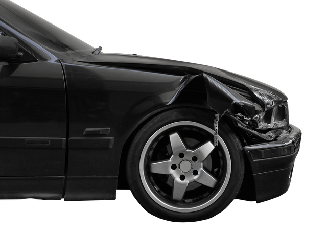 A black car with a crushed front fender and a broken headlight after a crash