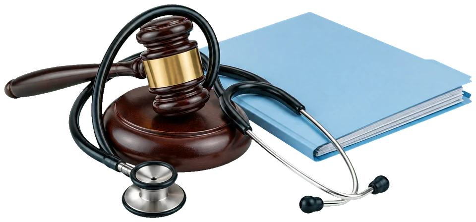A stethoscope wrapped around a judge's gavel beside a blue medical file
